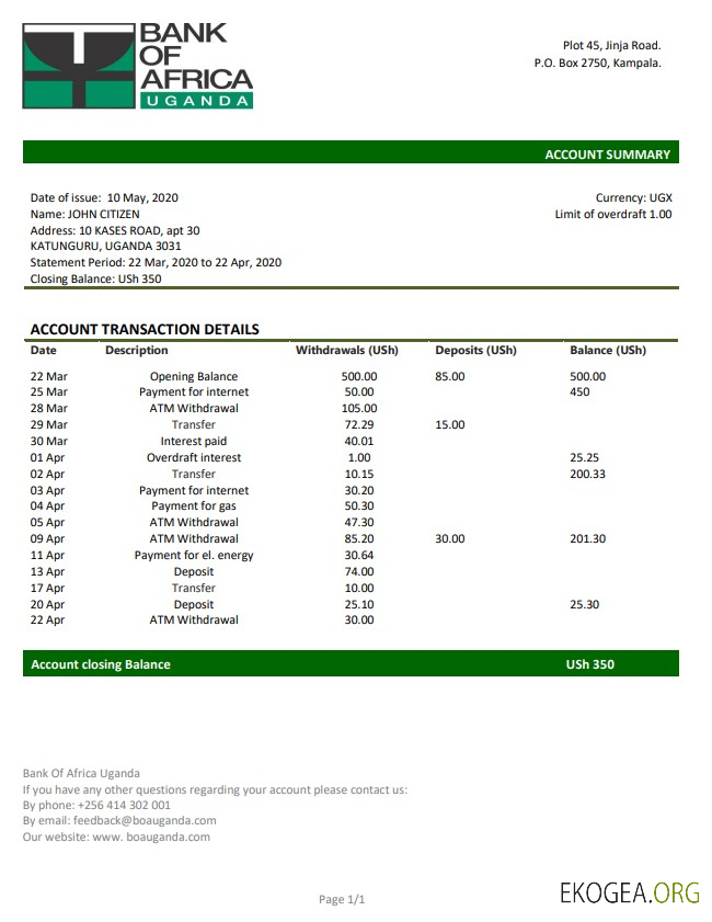 Modèle de relevé bancaire de preuve d'adresse de la Uganda Bank of Africa au format Word et PDF